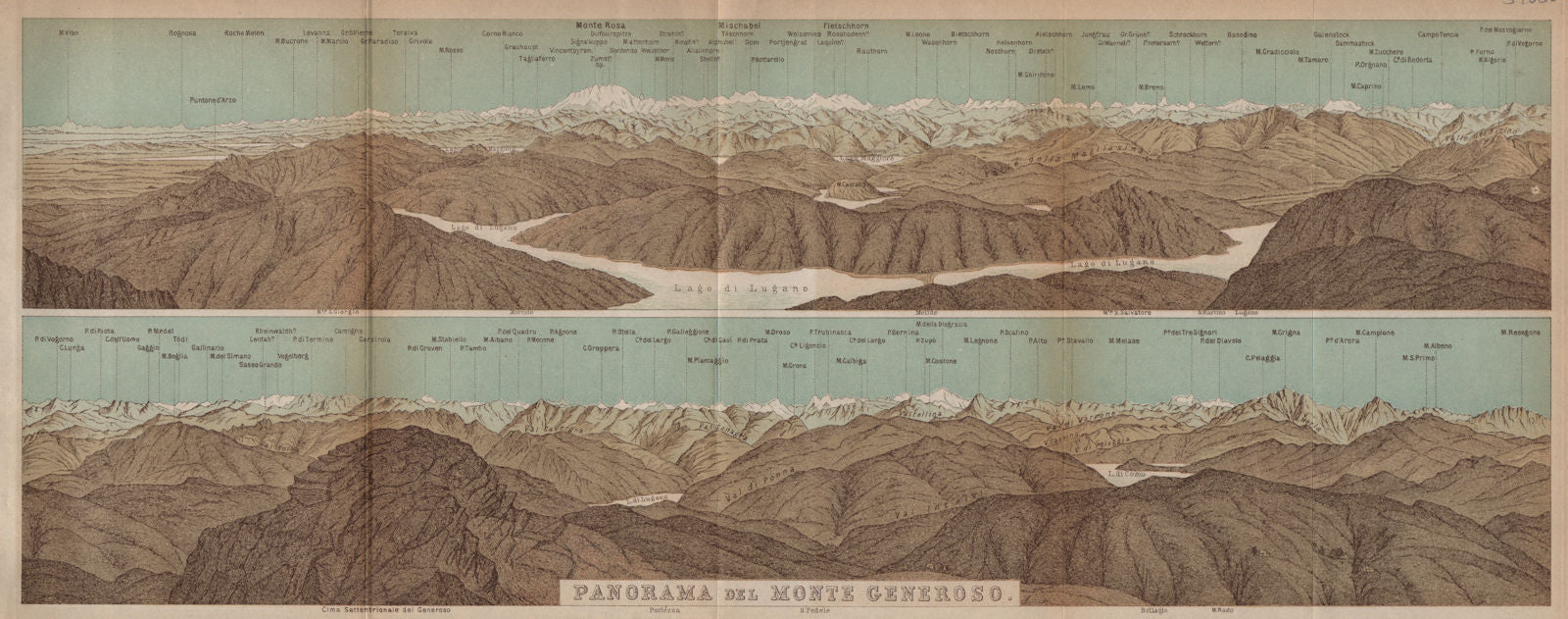 MONTE GENEROSO PANORAMA. Lugano Como Maggiore Rosa Mischabel Disgrazia 1899 map